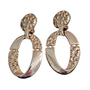 Vtg Brushed High Polish Gold Tone Textured Signed Door Knocker Clip On Earrings